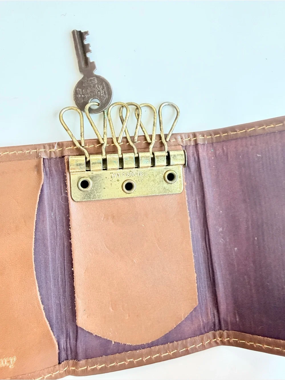 Canterbury Vintage 1980s Navy Plaid Key Holder Brown Leather Yellow Stitch Prepp